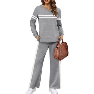 image:imageXIEERDUO Womens 2 Piece Outfits Fall Lounge Sets Cozy Side Slit Loungewear  Long Sleeve Side Slit Top Matching Wide Leg Pants Loose Track Suits Winter Fashion Clothing Travel Airport Vacation WearZ Grey White