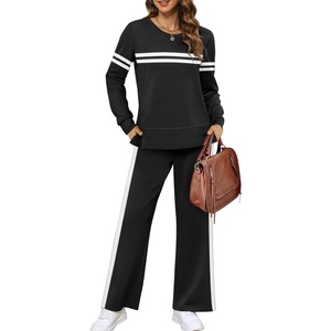 image:imageXIEERDUO Womens 2 Piece Outfits Fall Lounge Sets Cozy Side Slit Loungewear  Long Sleeve Side Slit Top Matching Wide Leg Pants Loose Track Suits Winter Fashion Clothing Travel Airport Vacation WearZ Black White