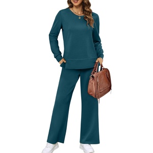 image:imageXIEERDUO Womens 2 Piece Outfits Fall Lounge Sets Cozy Side Slit Loungewear  Long Sleeve Side Slit Top Matching Wide Leg Pants Loose Track Suits Winter Fashion Clothing Travel Airport Vacation WearTeal