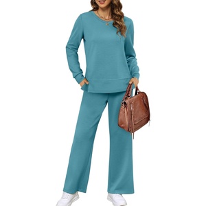 image:imageXIEERDUO Womens 2 Piece Outfits Fall Lounge Sets Cozy Side Slit Loungewear  Long Sleeve Side Slit Top Matching Wide Leg Pants Loose Track Suits Winter Fashion Clothing Travel Airport Vacation WearLake