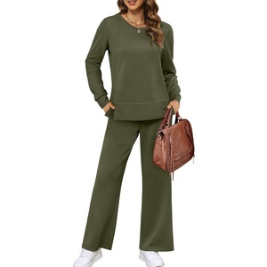 image:imageXIEERDUO Womens 2 Piece Outfits Fall Lounge Sets Cozy Side Slit Loungewear  Long Sleeve Side Slit Top Matching Wide Leg Pants Loose Track Suits Winter Fashion Clothing Travel Airport Vacation WearArmy Green
