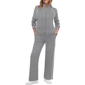 image:imageXIEERDUO Womens 2 Piece Outfits Full Zip Up Lounge Set Fashion SweatsuitsGrey White