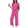 image:imageXIEERDUO Womens 2 Piece Outfits Summer Lounge Sets Side Slit Loungewear  Short Sleeve Top Matching Wide Leg Capri PantsHot Pink