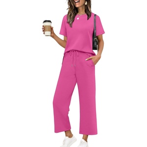 image:imageXIEERDUO Womens 2 Piece Outfits Summer Lounge Sets Side Slit Loungewear  Short Sleeve Top Matching Wide Leg Capri PantsHot Pink